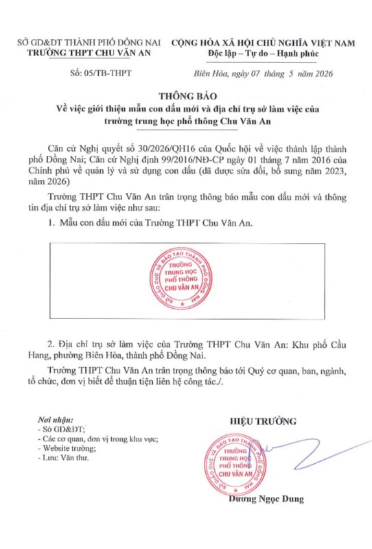 Thông báo mẫu con dấu mới và địa chỉ trụ sở làm việc